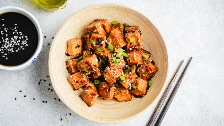 Marinated tofu in bowl