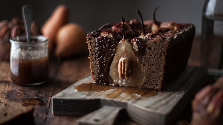 Gingerbread Pecan Pear Cake with Maple Pecan Caramel