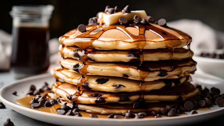 Chocolate pancake stack maple syrup