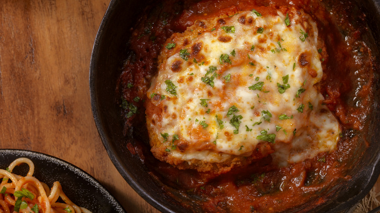 Chicken parmesan in a pan