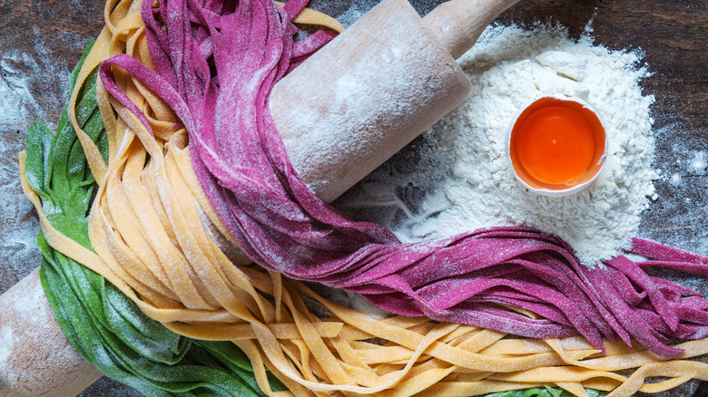 Rows of homemade colored pasta