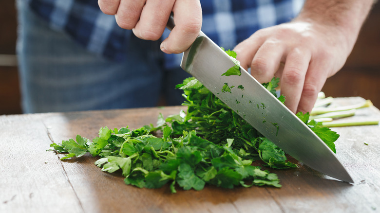 Person chopping herbs