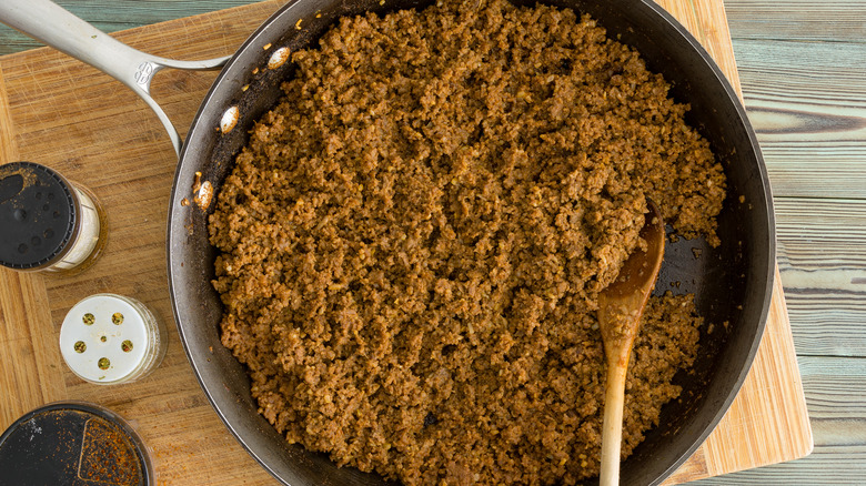 Frying pan with sloppy joe meat