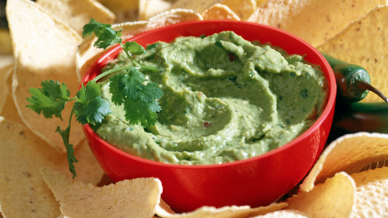 A bowl of guacamole with chips