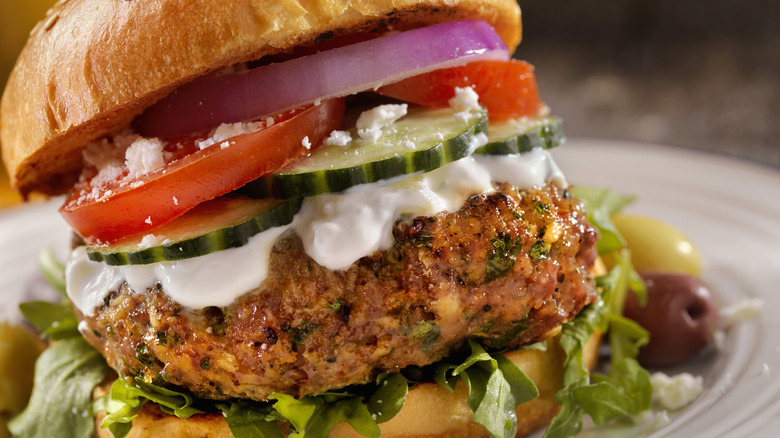 Lamb burger with veggies closeup