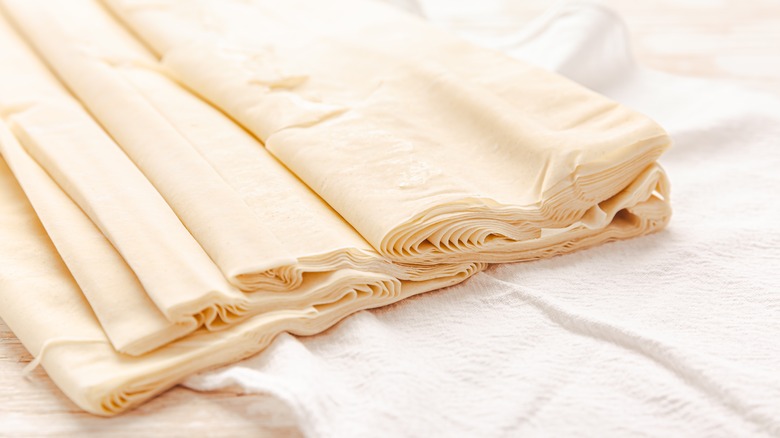 Phyllo dough on white kitchen towel