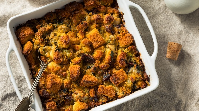 a casserole topped with cubed, seasoned cornbread