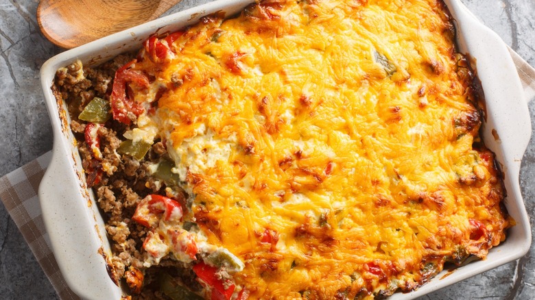 cheesy casserole with red peppers and ground beef