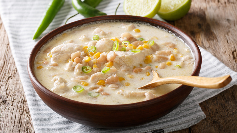 Bowl of white chicken chili