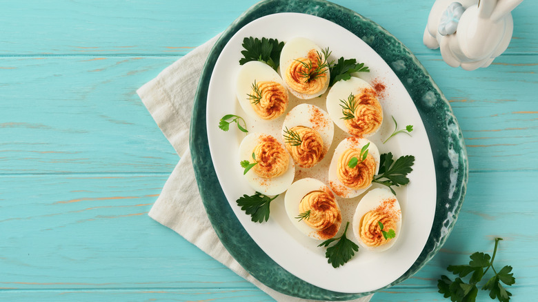 Deviled eggs on a white plate