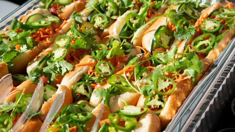 Bánh mì hot dogs in catering tray