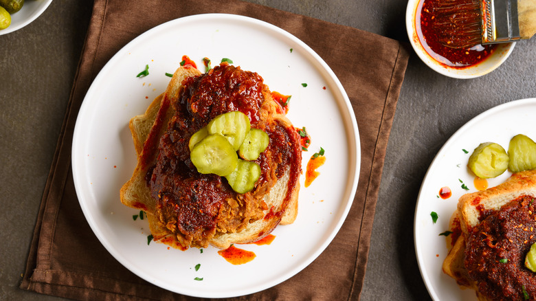 Open-faced Nashville hot chicken sandwich 