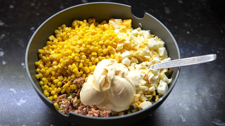 Corn, egg, mayonnaise, and tuna 