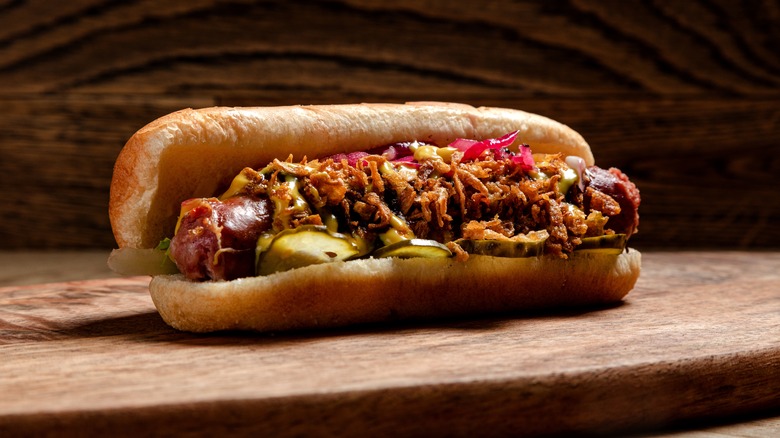 chili dog against a wooden background