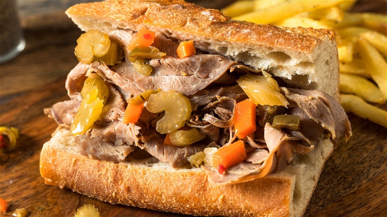 Italian beef sandwich with giardiniera 