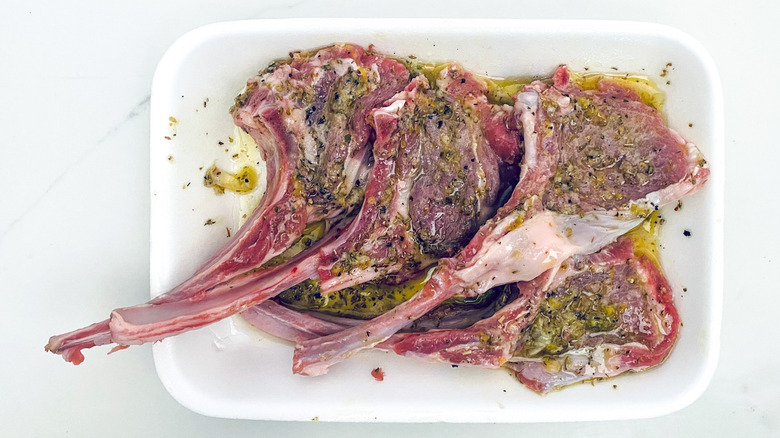 lamb chops with Greek marinade in styrofoam tray