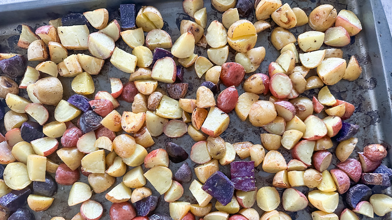 roasted baby potatoes on pan