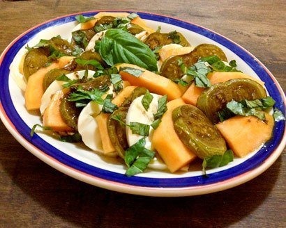 Green Tomato and Cantaloupe Caprese Salad