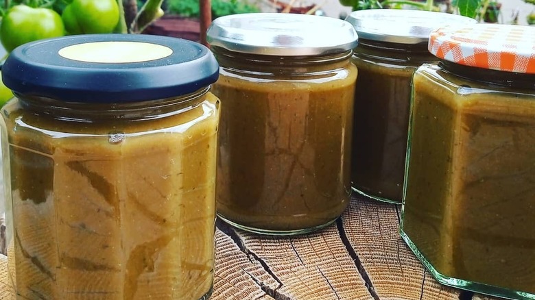 Jars of green tomato ketchup