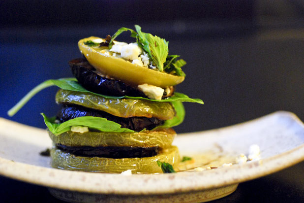 Roasted Green Tomatoes and Eggplant Stacks