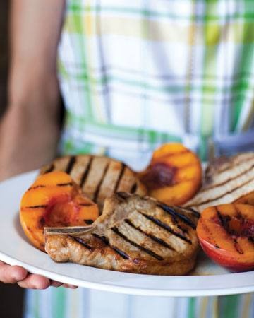 Grilled Country Pork Chops With Bourbon-Basted Grilled Peaches Recipe