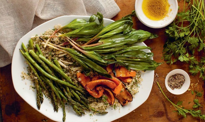 Grilled Ramps and Spring Vegetables Over Lemon Parsley Quinoa