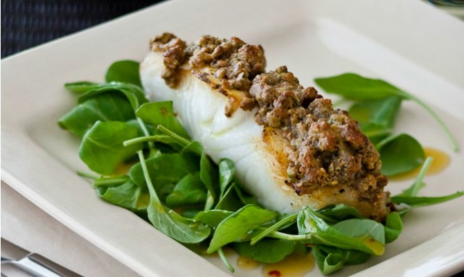 Grilled Sea Bass with Pistachio Crust and Tropical Passion Fruit Vinaigrette