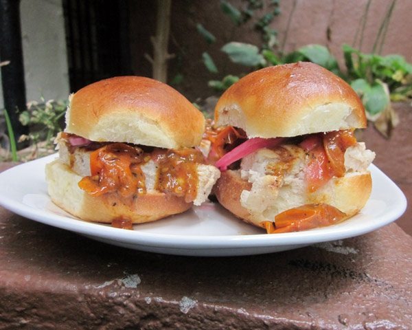 Grilled Swordfish Sliders with Quick Pickled Onions and Charred Cherry Tomatoes