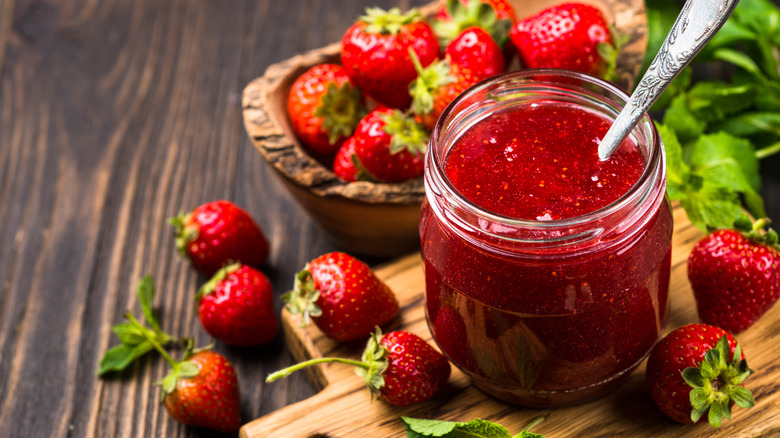 glass jar of strawberry jam