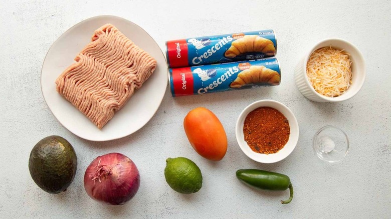 groudn meat with cheese, vegetables, seasonings, and canned crescent rolls