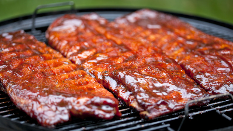 Sauced ribs on the grill