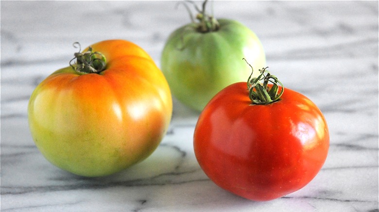 three different-colored tomatoes 