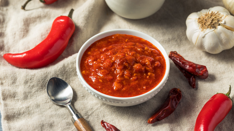 Harissa in bowl with ingredients surrounding