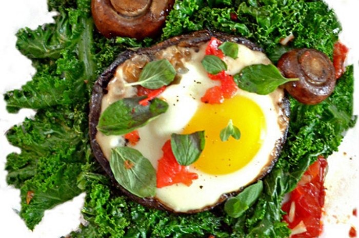 Baked Egg and Portabella with Braised Kale