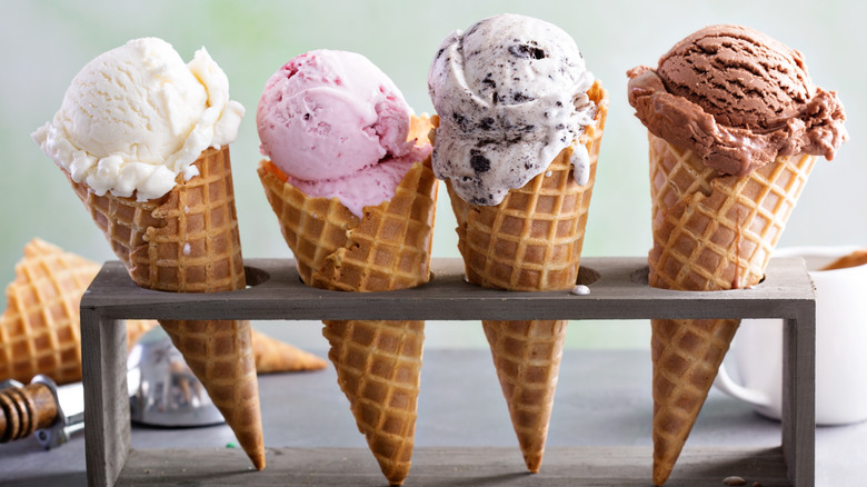 variety of ice cream in waffle cones