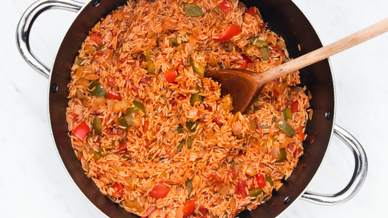 rice and veggies in pan 