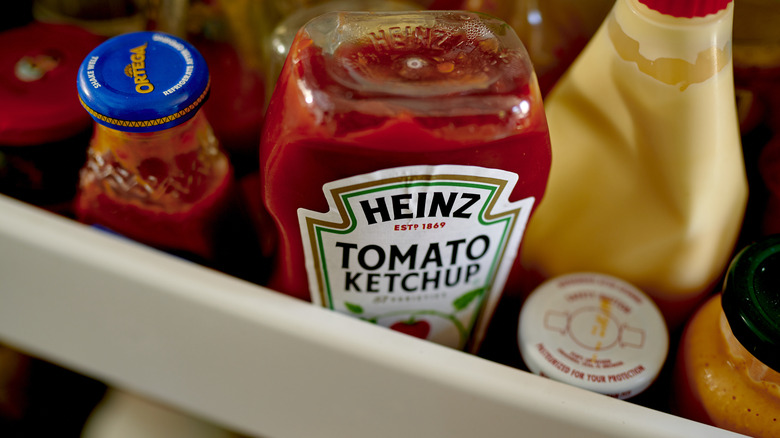 Ketchup bottle in fridge