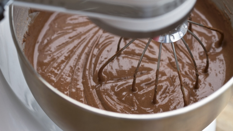 Chocolate cake batter in mixing bowl