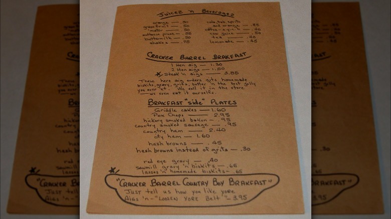 handwritten Cracker Barrel breakfast menu