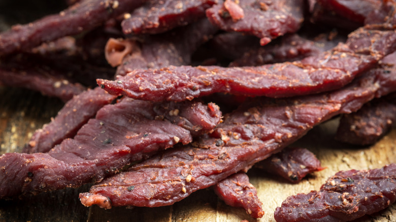 closeup of beef jerky