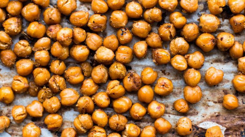 Roasted chickpeas on baking sheet