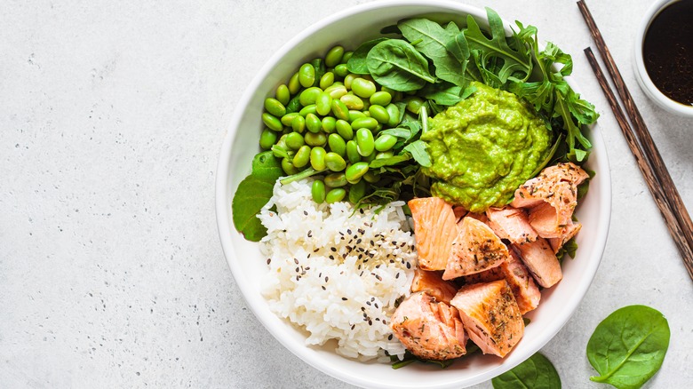 Leftover salmon in a rice bowl