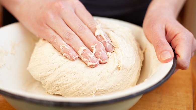 Pizza dough kneaded in bowl 