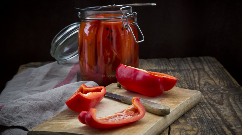 sliced bell peppers with a jar