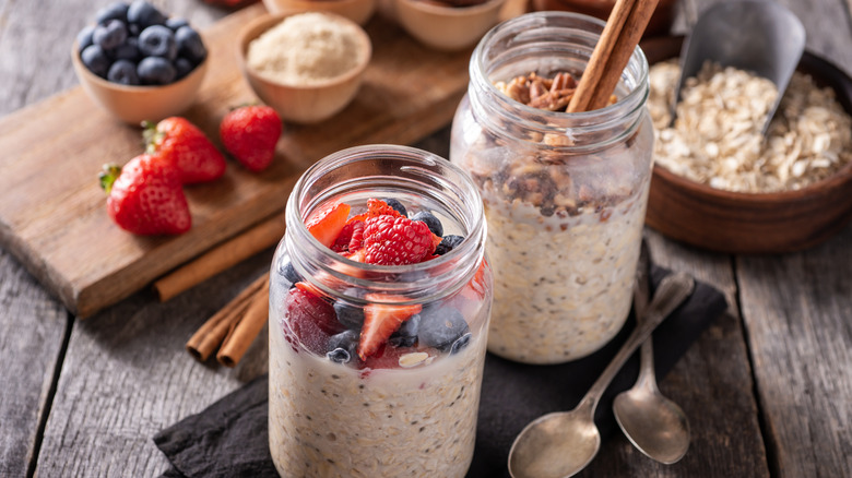 overnight oats jars, berries, nuts