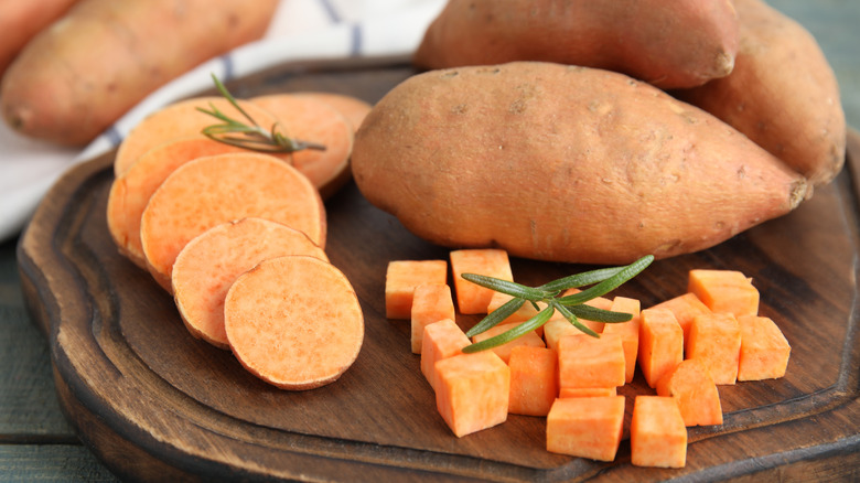 Whole and chopped sweet potatoes