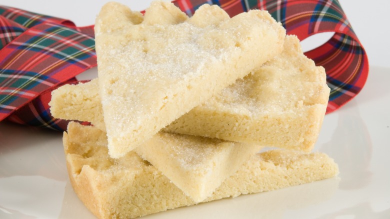 Closeup of Scottish shortbread next to tartan