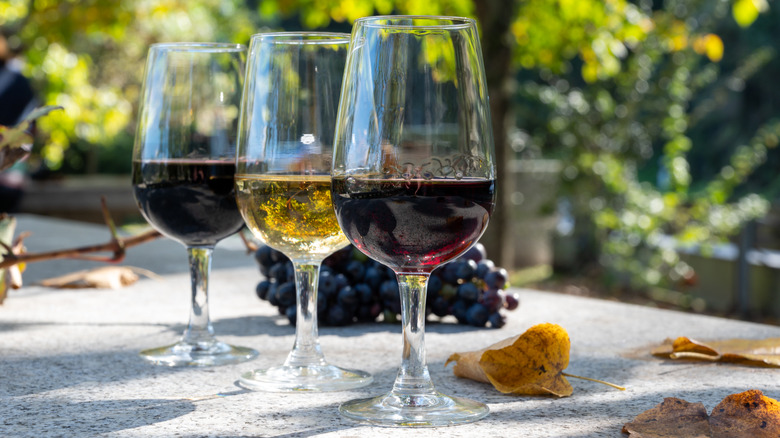 three varieties of wine in glasses