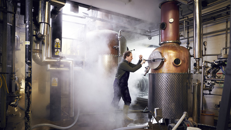 Copper pot stills at a vodka distillery