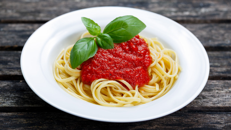 Marinara sauce on spaghetti dish